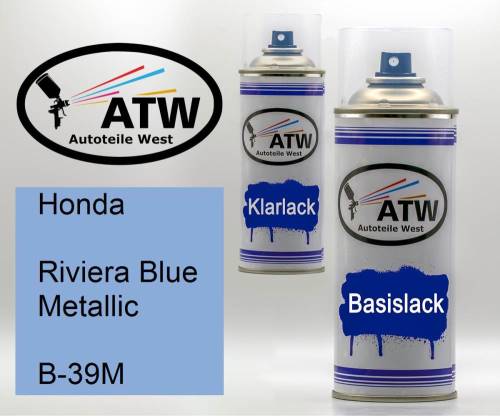 Honda, Riviera Blue Metallic, B-39M: 400ml Sprühdose + 400ml Klarlack - Set, von ATW Autoteile West.